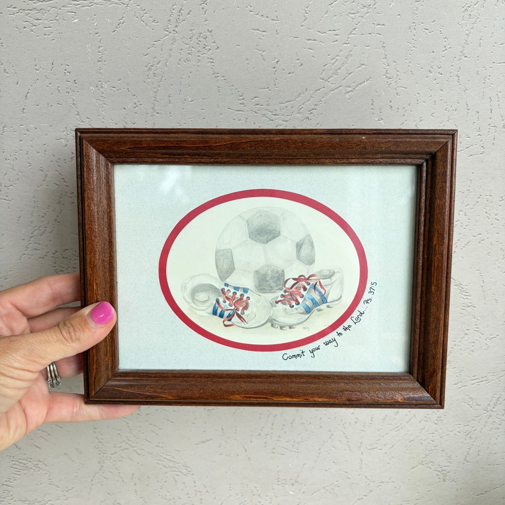 Vintage Framed Soccer Art Psalm 37:5 Scripture Print Wood Frame 8.5x6.5
